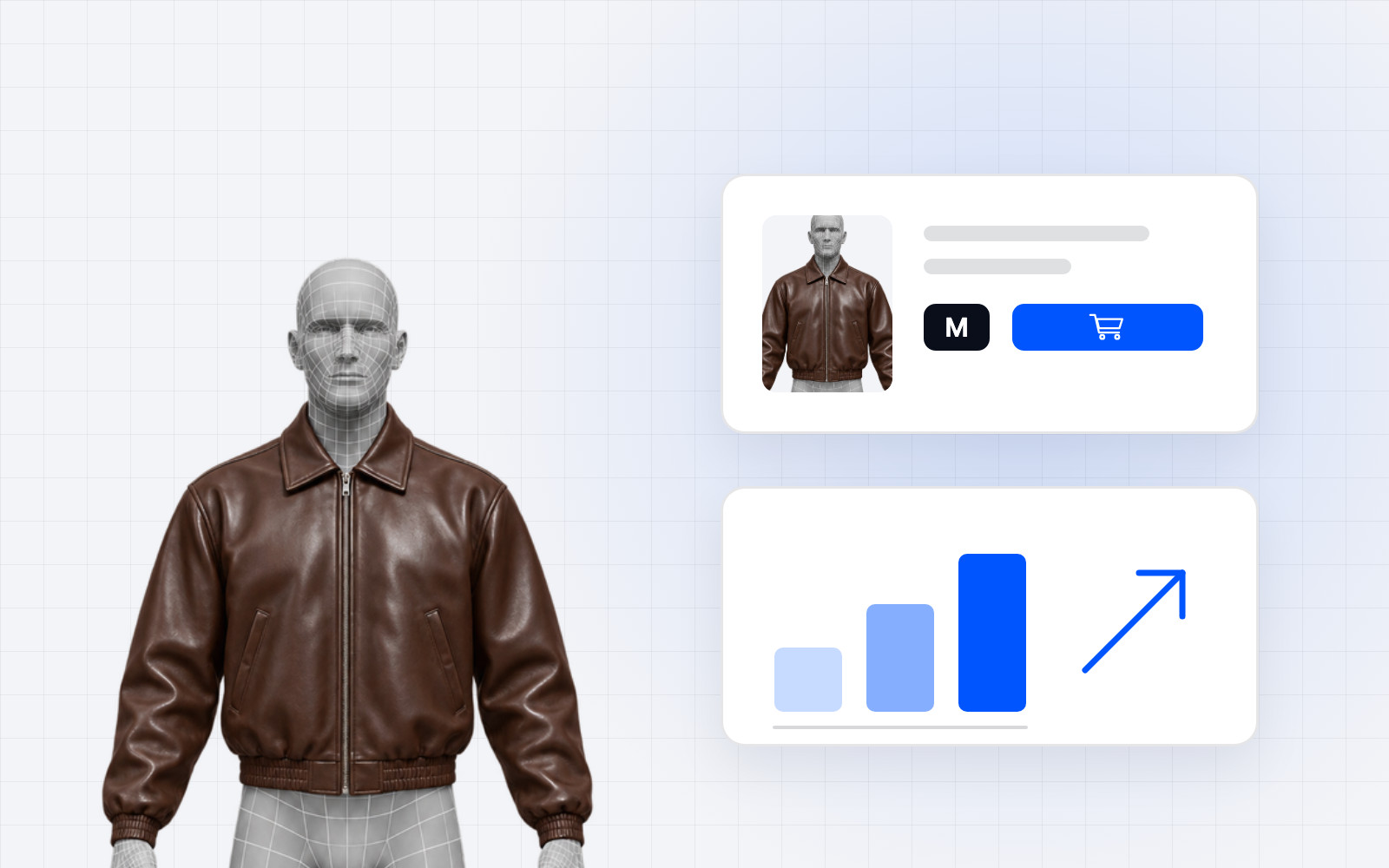 Un avatar portant une veste, le produit ajouté au panier en taille M, et des ventes en hausse