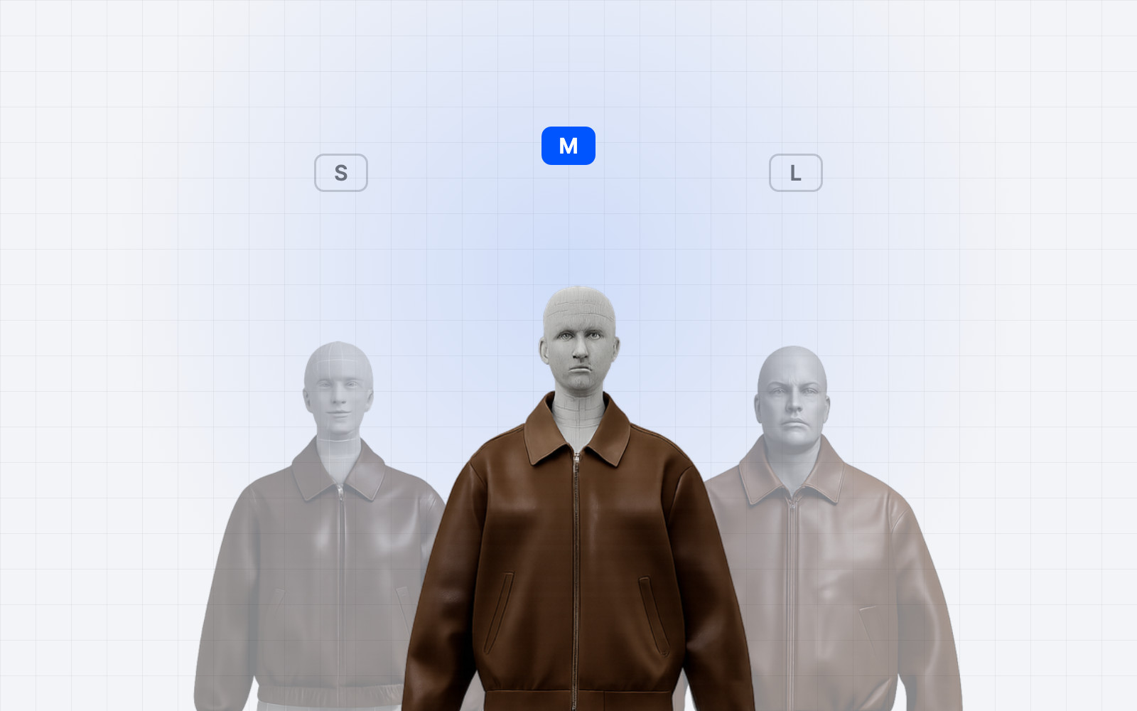 La même veste portée par trois morphologies, en tailles S, M et L, sur des avatars OptiDress