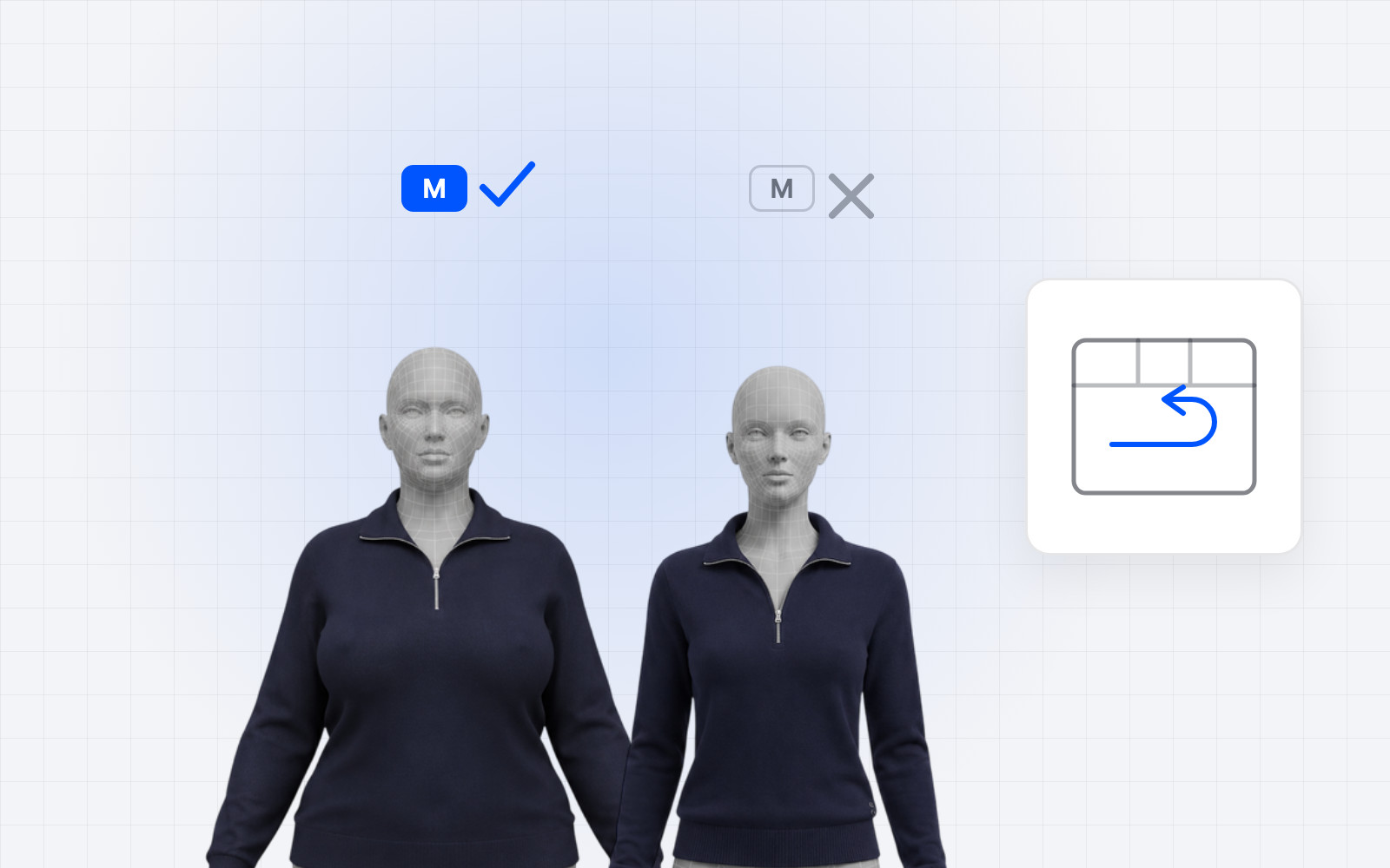 La même taille M portée par deux morphologies : elle convient à l'une, pas à l'autre, et le vêtement repart en retour