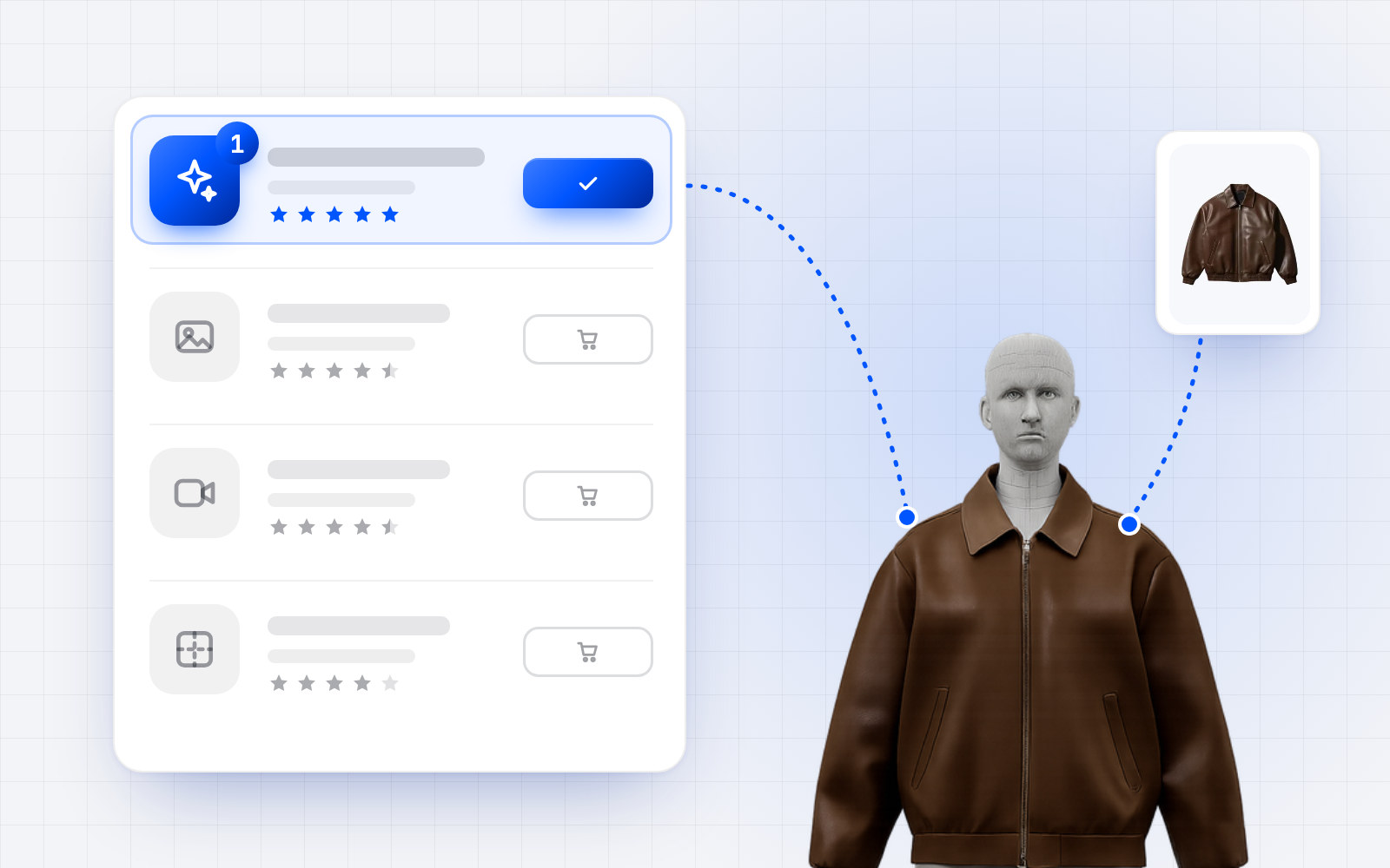 Product photo apps compared by rating, the top one selected, and the worn jacket it produces from a flat photo
