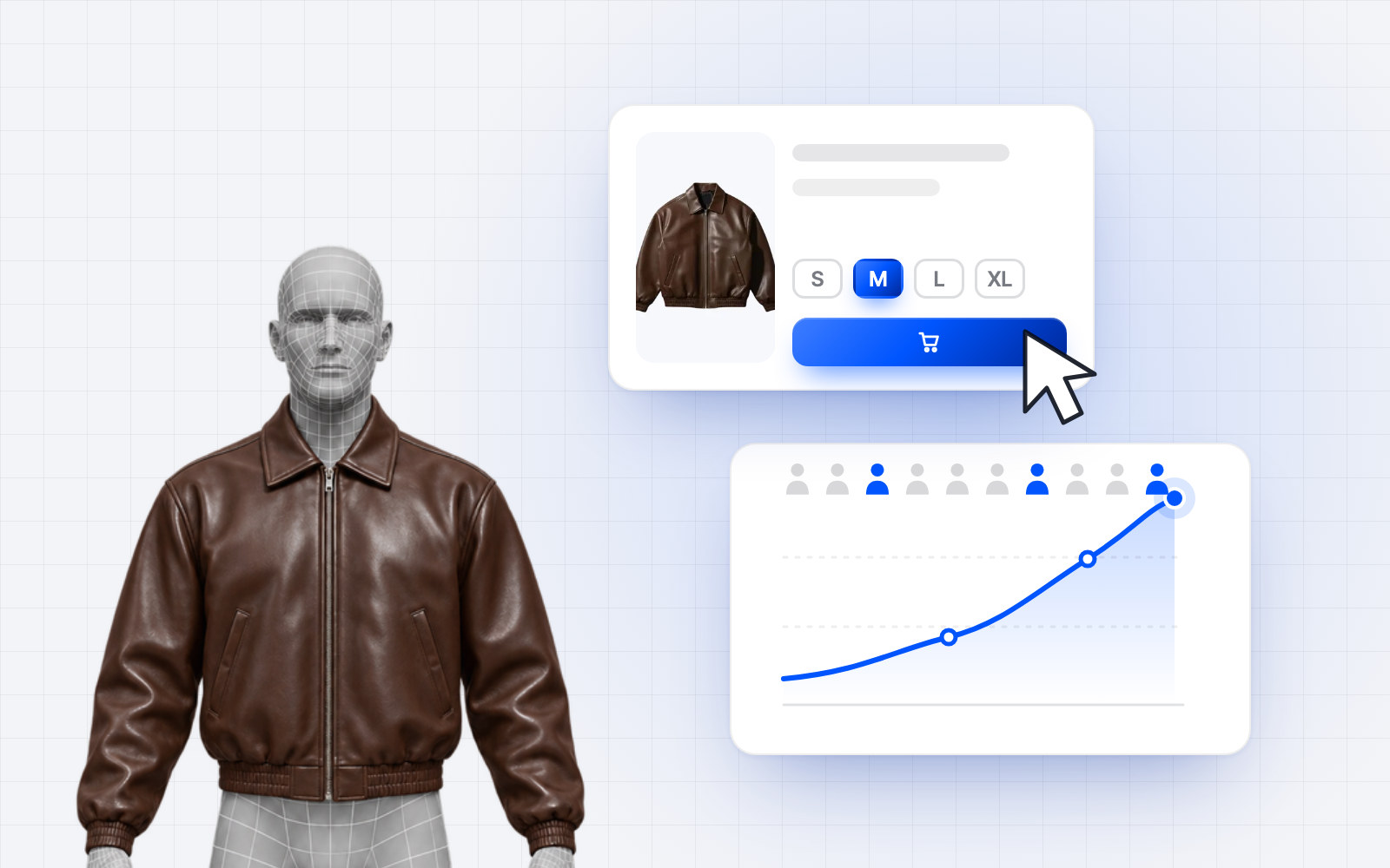 An avatar wearing a jacket, the product added to the basket in size M, and rising sales