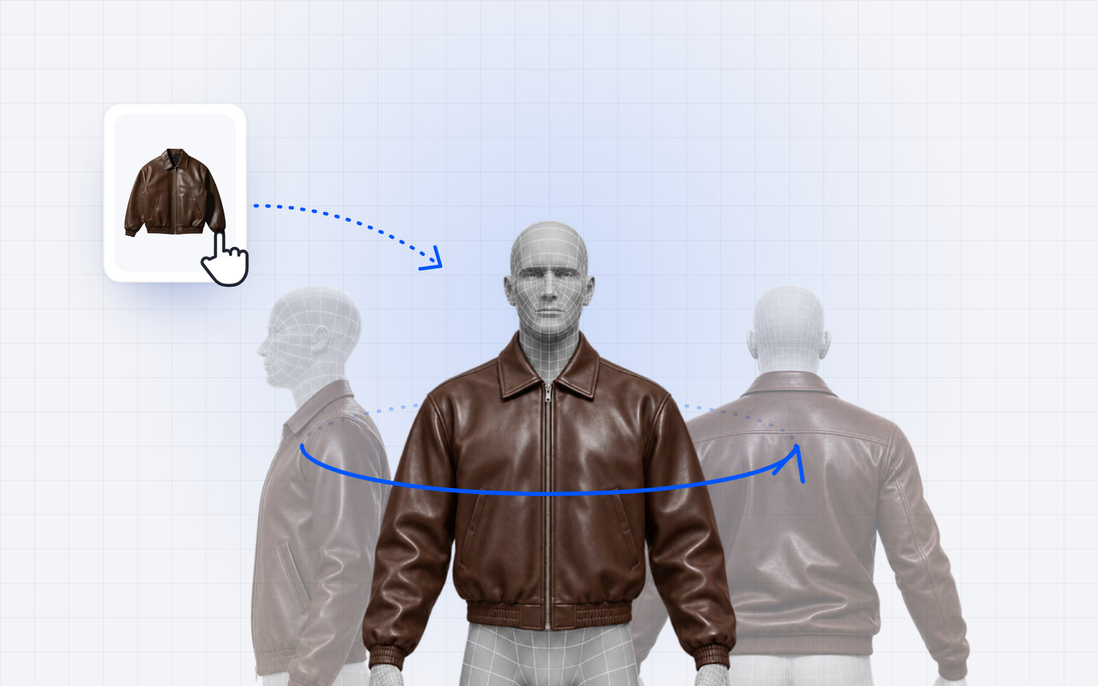 A jacket dragged onto an OptiDress avatar, shown from the front, the side and the back