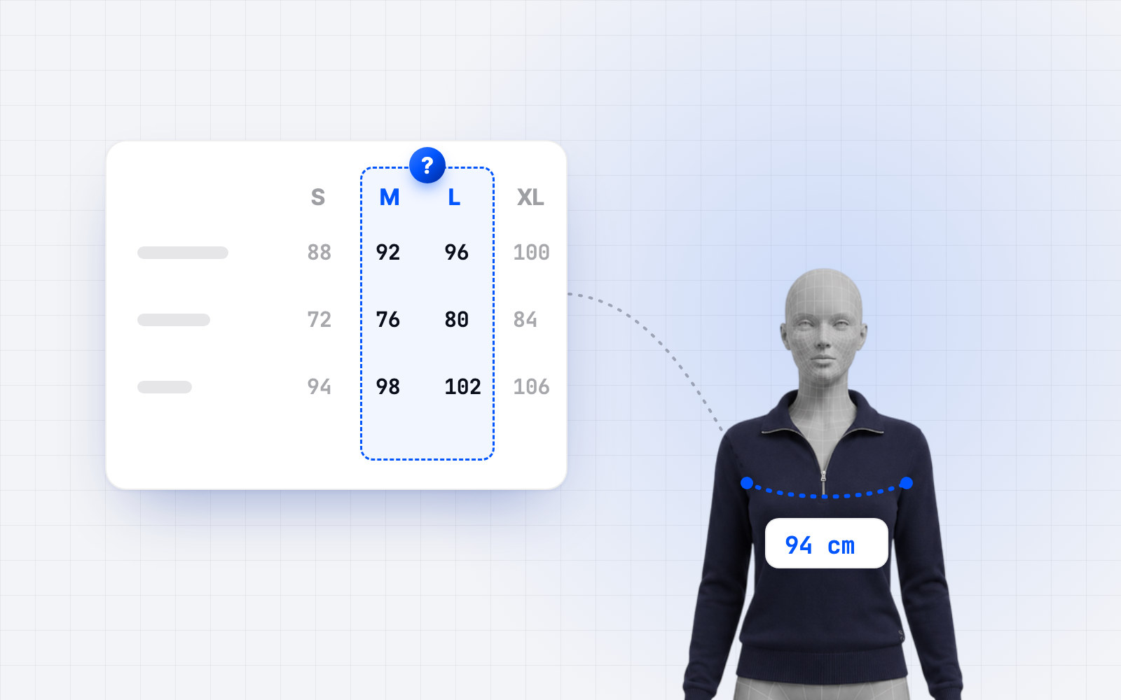 A size chart where a 94 cm chest falls between M and L