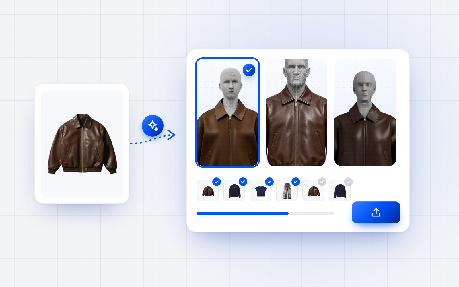 A flat jacket photo turned into on-model photos on three models, then published in bulk to the product pages