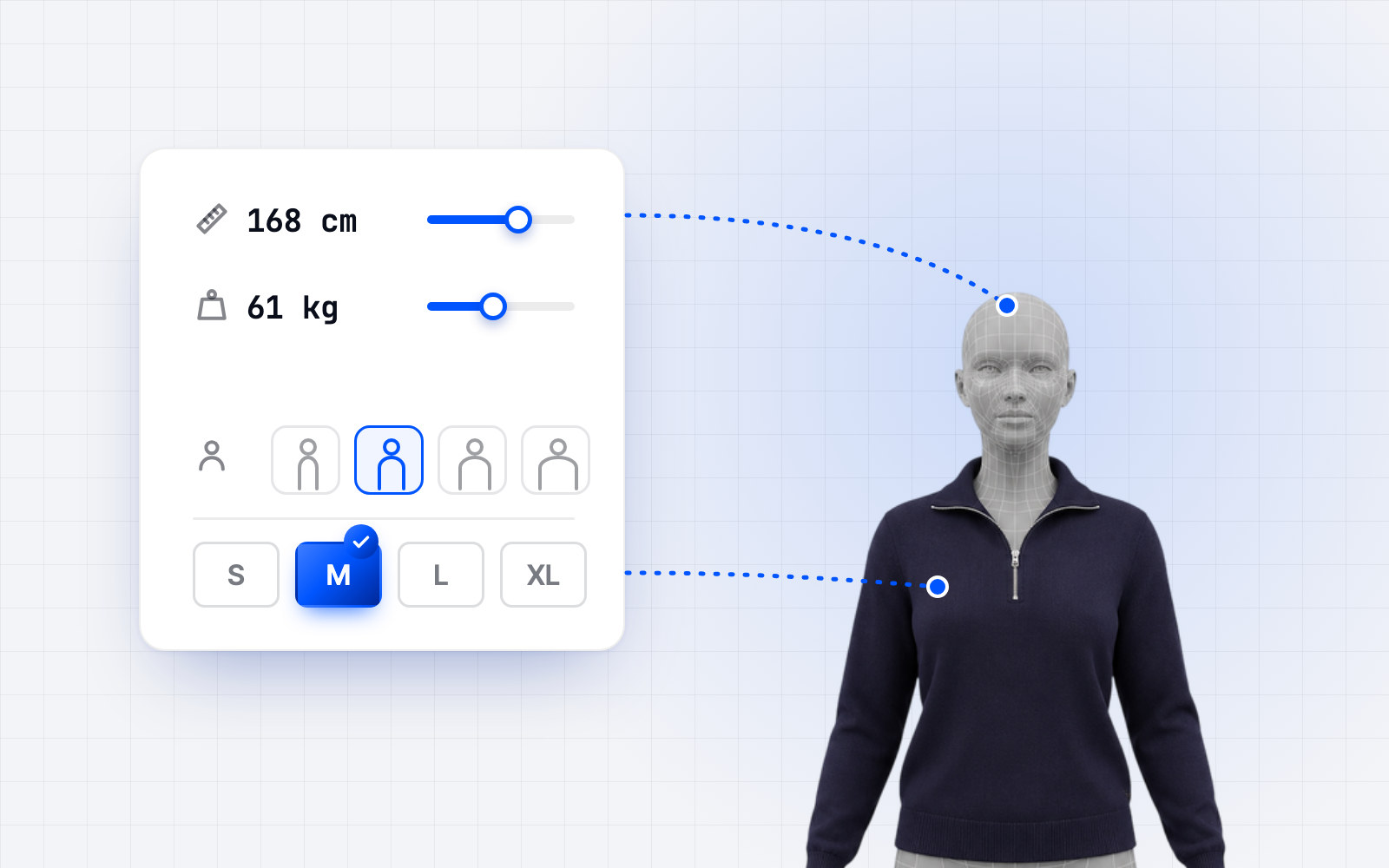 A shopper's height, weight and body type lead to size M, linked to her avatar