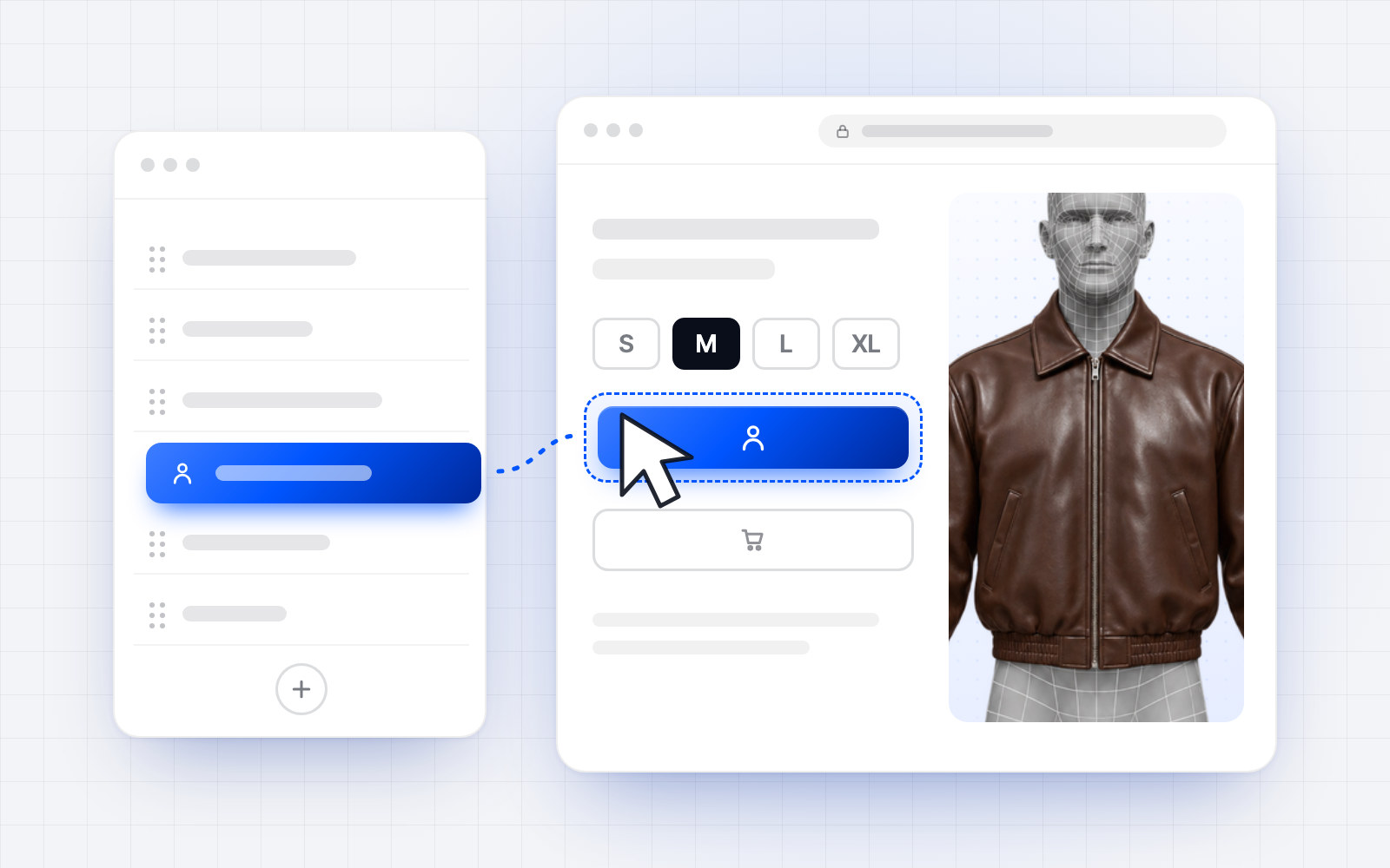 A try-on block dragged from the Shopify theme editor onto a product page, just below the size selector