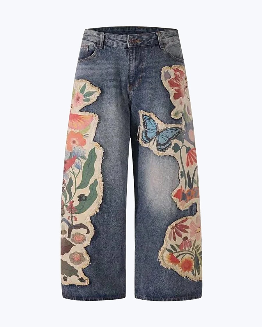 Jean large patchwork Denim fleuri — Maison Léon