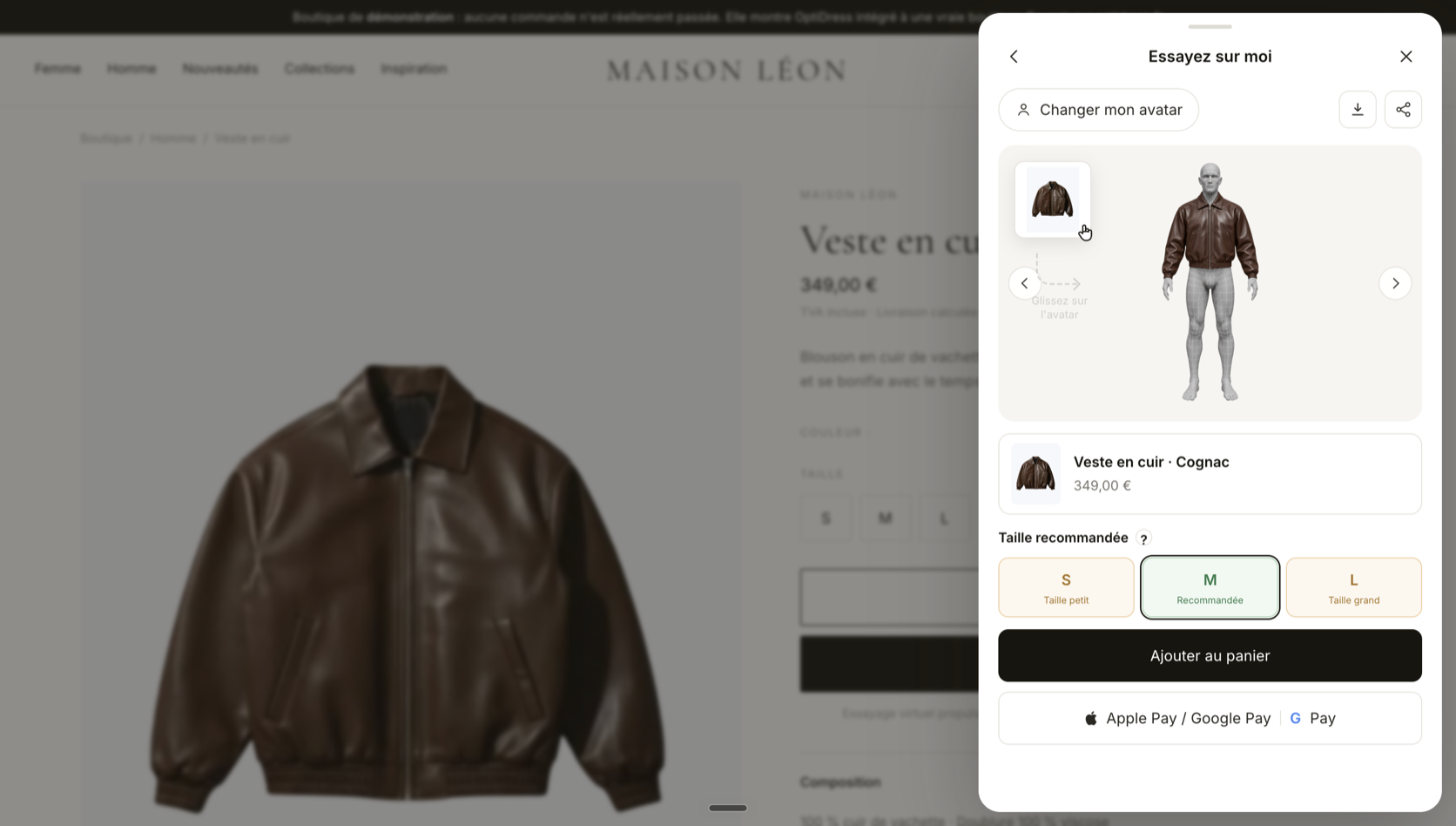 L'avatar 3D d'un client portant la veste en cuir de Maison Léon, avec la taille M recommandée