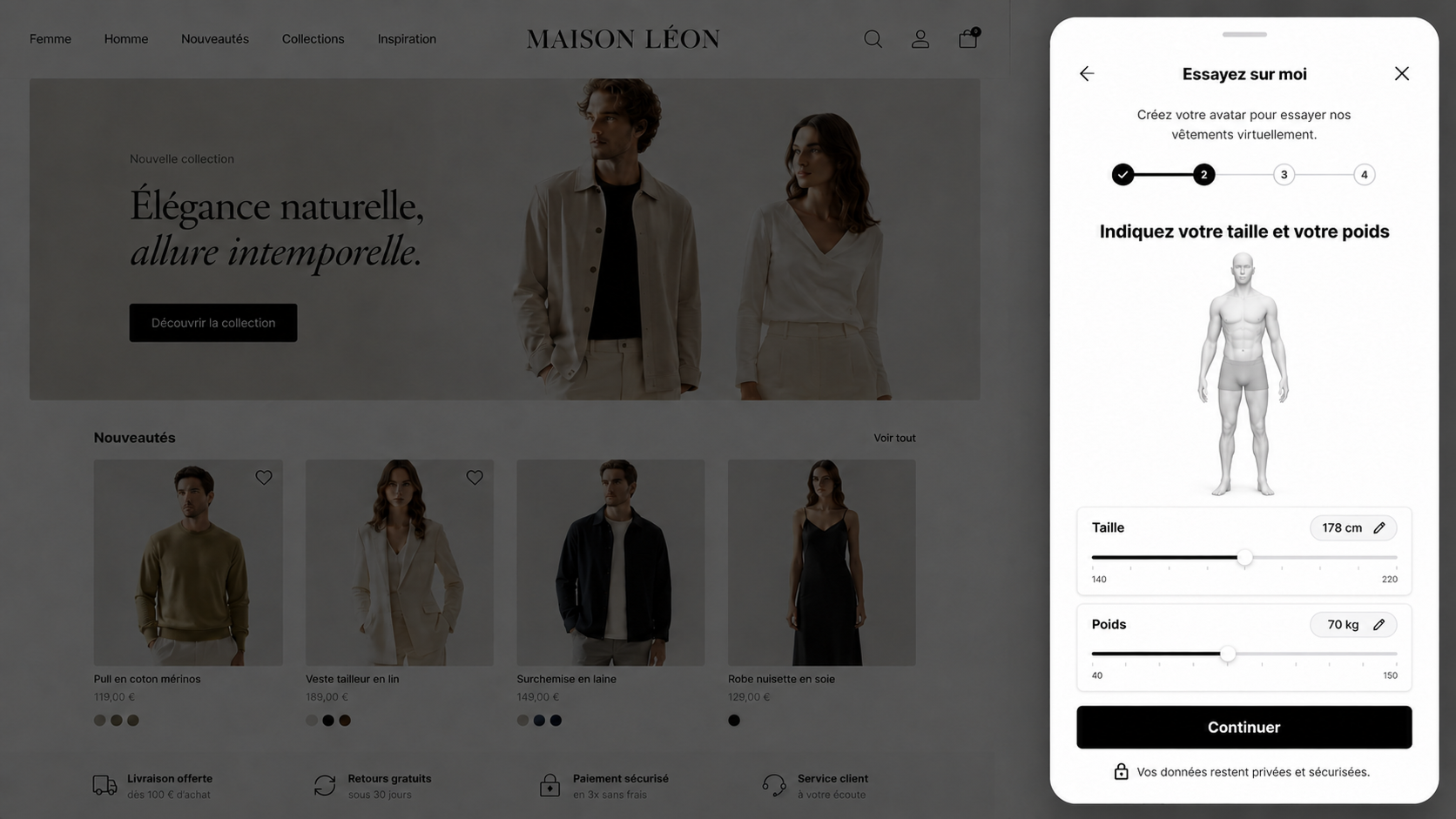 La création de l'avatar OptiDress sur la boutique de démonstration Maison Léon : taille et poids renseignés, sans aucune photo