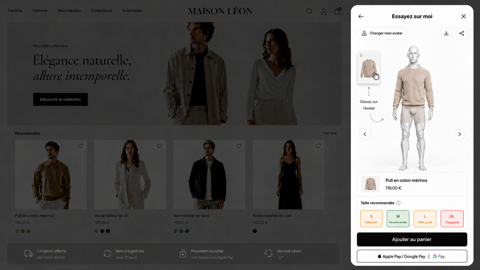 Le widget OptiDress sur la boutique Maison Léon : le pull porté par l'avatar personnel, avec la taille M recommandée